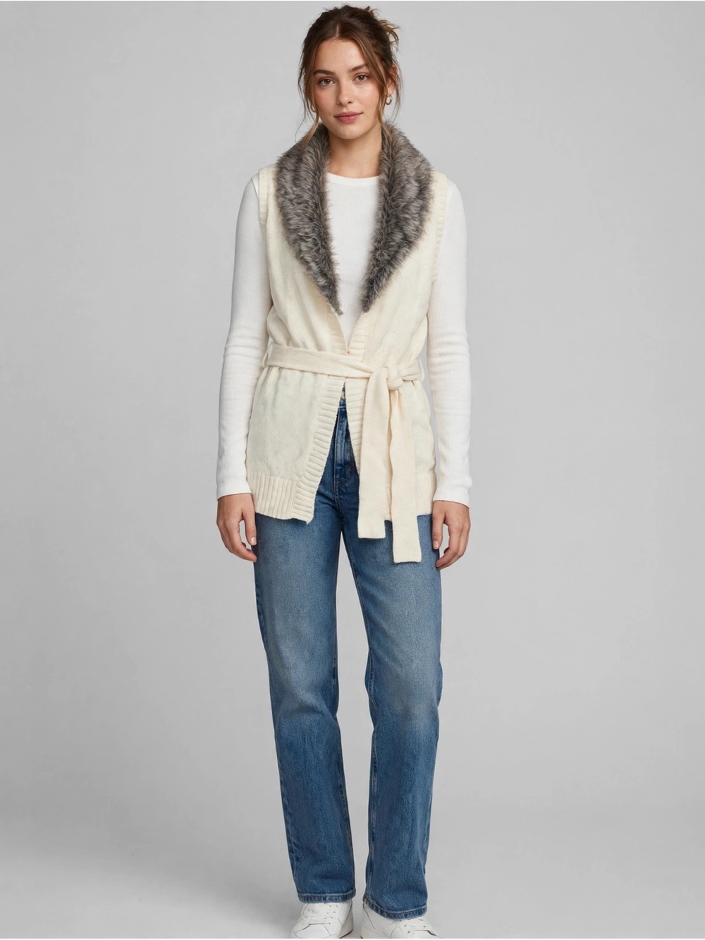 True Freedom Cream Knit Belted Vest Sweater - Faux Fur Shawl Collar - Size Med